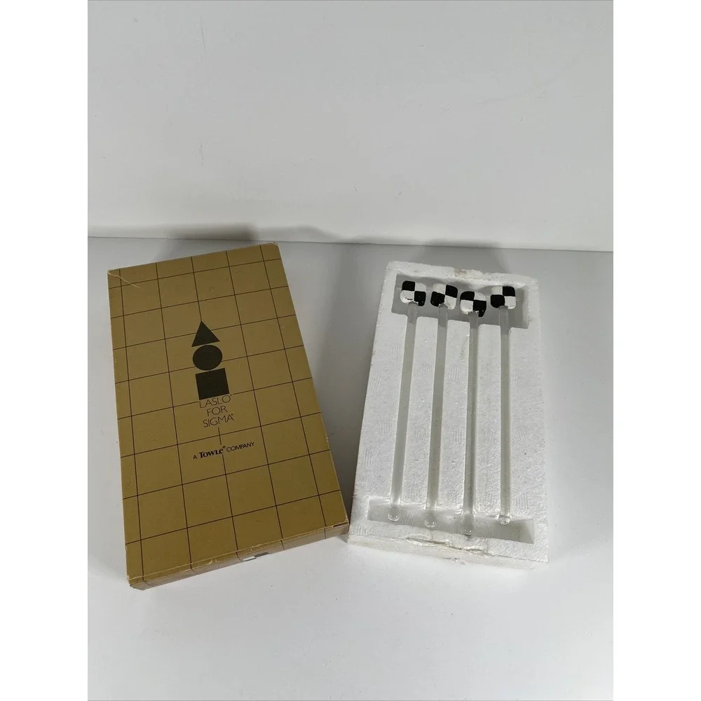 Vintage Laslo for Sigma Glass Check‎ Stirrers Drink Cocktail Checkered Flag MCM